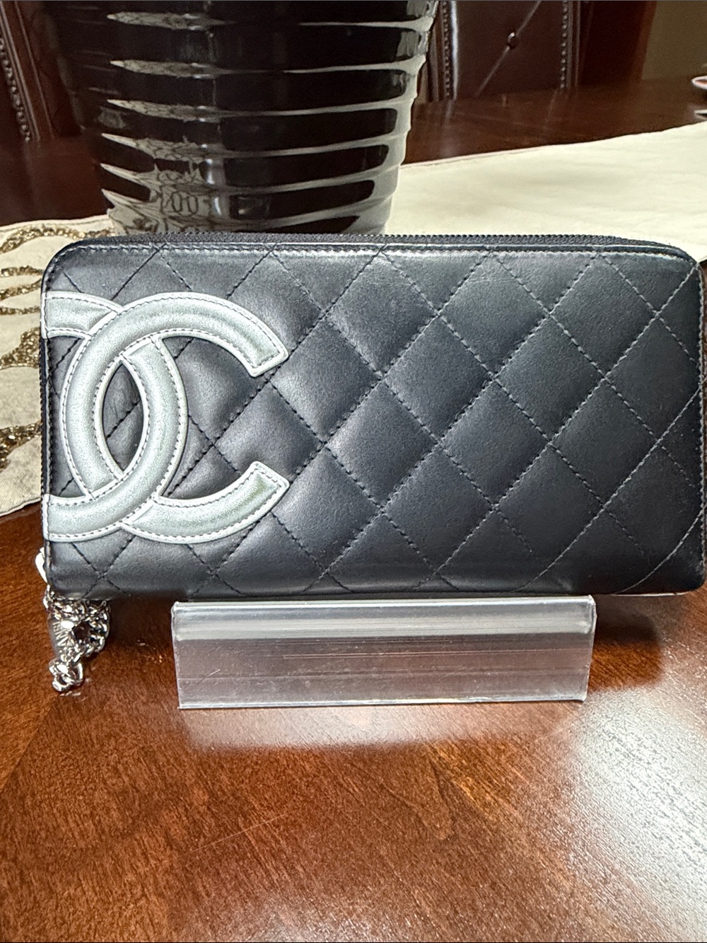 CHANEL Black Quilted Zip Wallet with Silver CC Patch